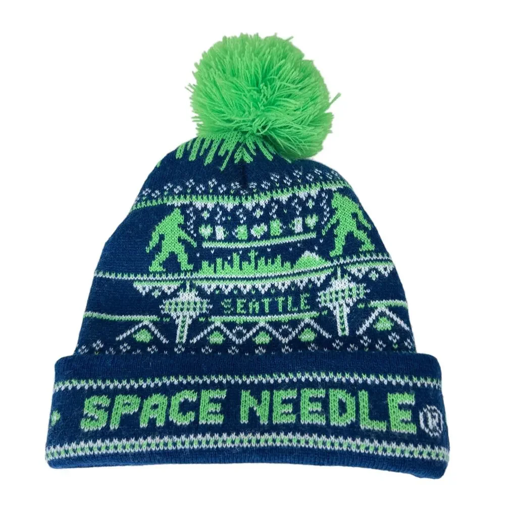 Seattle Space Needle Souvenir Beanie Hat OS Blue‎ Green Knit Stylish Pom Pom
